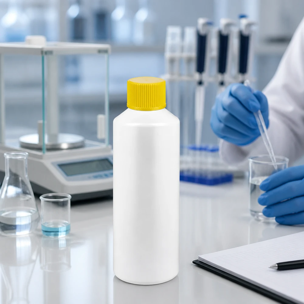 Cylindryczna butelka apteczna o pojemności 100 ml, wykonana z białego HDPE, z żółtym zamknięciem zabezpieczającym przed dziećmi