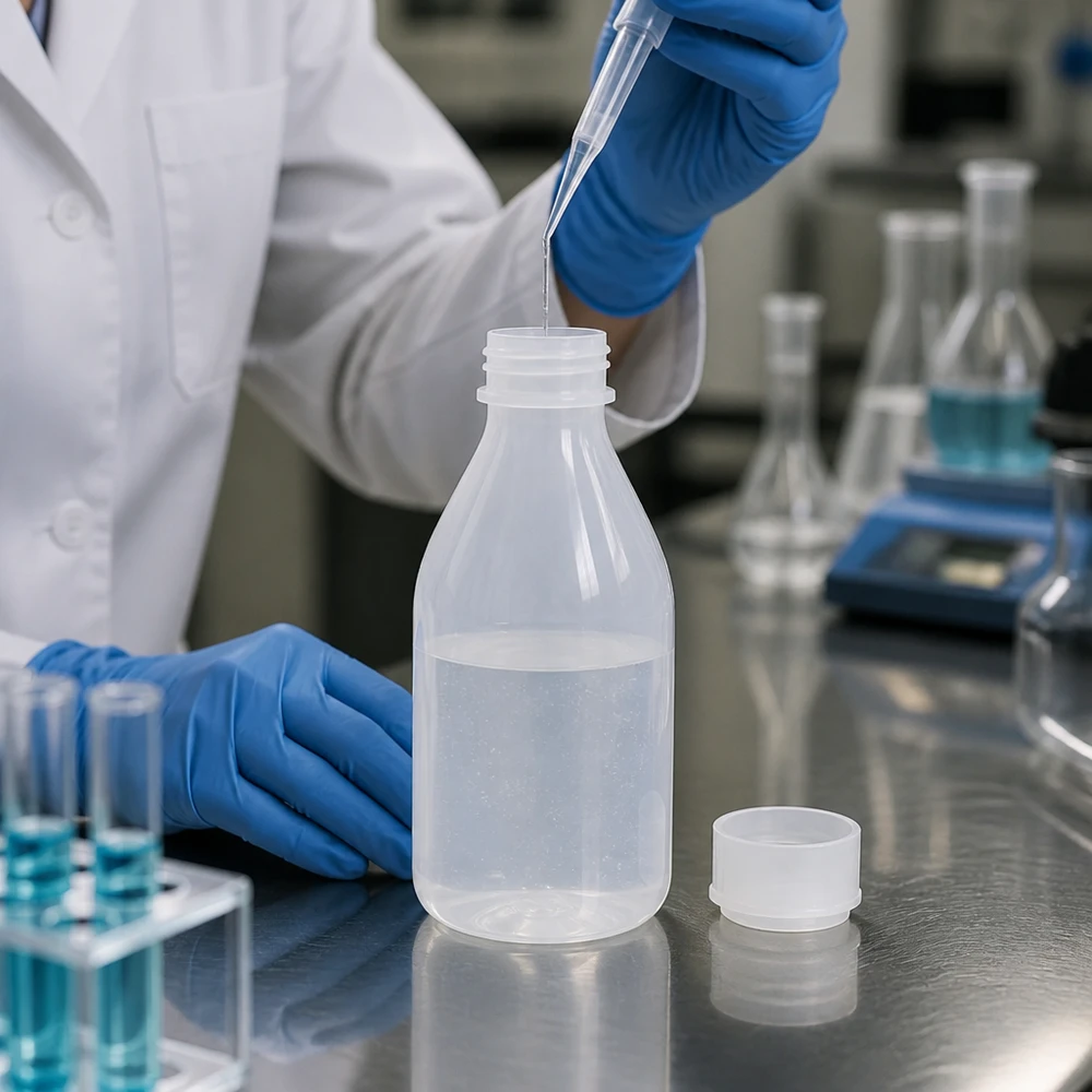 Butelka zakręcana 100 ml, butelka laboratoryjna z wąską szyjką Laborant pipetuje płyn do butelki z wąską szyjką o pojemności 100 ml, wyposażonej w zakrętkę, mając na ręce niebieską rękawiczkę