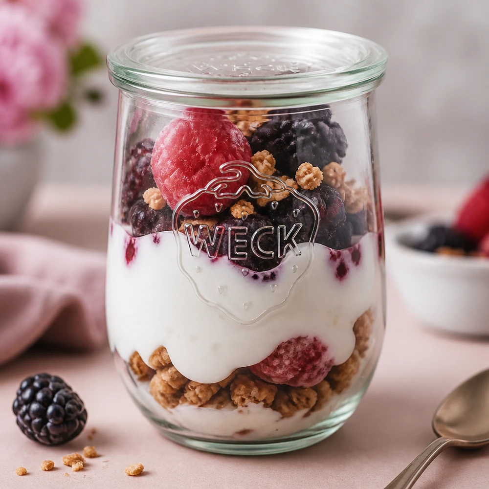 Słoik tulipan o pojemności 1062 ml ze szklaną pokrywką WECK RR100 WECK tulipan słoik 1062ml wypełniony jogurtem jagodami musli warstwowy deser RR100 słoik pokrywka śniadanie parfait różowy backgru