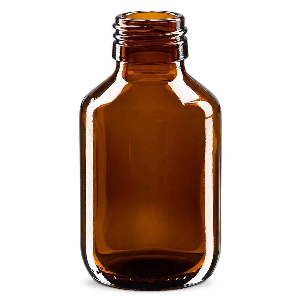 Butelka na leki 100ml brązowa, bez zakrętki PP28 ApoGlas. Farmaceutyczna jakość produkcji UE. Gwint 28 mm. (syrop, butelka z lekkiego szkła) Butelka na leki 100 ml brązowa wykonana z wysokiej jakości tworzywa ApoGlas bez zakrętki PP28