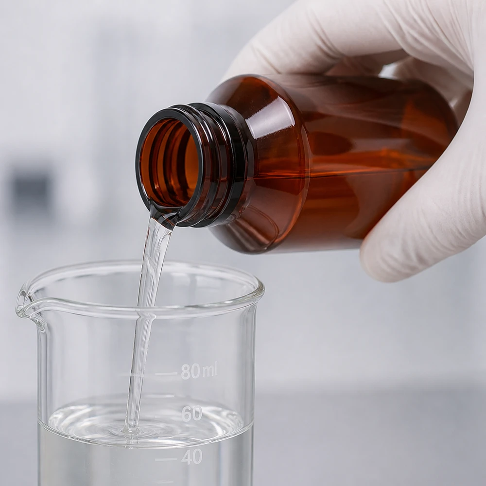 Brązowa butelka PET o pojemności 100 ml z zamknięciem zabezpieczającym przed manipulacją, przeznaczona do zastosowań laboratoryjnych, umożliwiająca precyzyjne napełnianie w warunkach laboratoryjnych