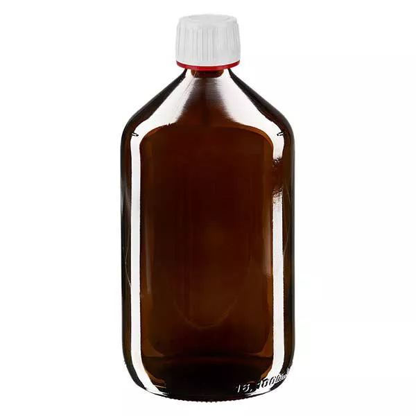Butelka na lek 1000 ml brązowa, zakrętka biała z czerwonym pierścieniem ApoGlas. Farmaceutyczna jakość produkcji UE. Gwint 28 mm (PP28). (syrop, butelka z lekkiego szkła)