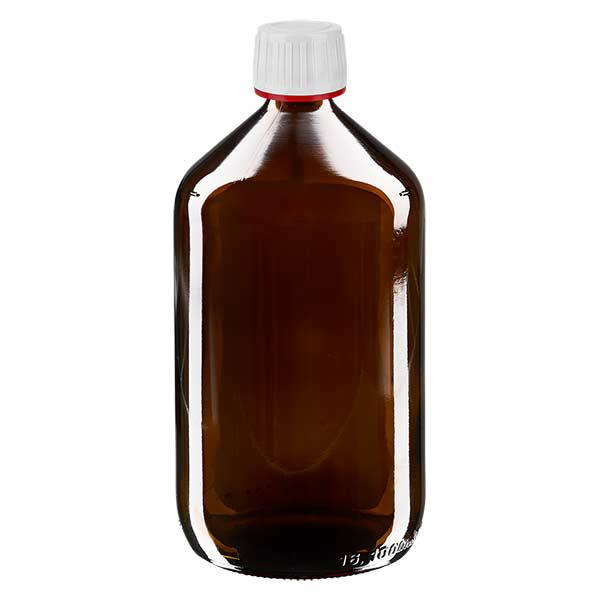 Butelka na lek 1000 ml brązowa, zakrętka biała z czerwonym pierścieniem ApoGlas. Farmaceutyczna jakość produkcji UE. Gwint 28 mm (PP28). (syrop, butelka z lekkiego szkła) Butelka na lek 1000 ml brązowa, zakrętka biała z czerwonym pierścieniem ApoGlas. Farmaceutyczna jakość produkcji UE. Gwint 28 mm (PP28). (syrop, butelka z lekkiego szkła)
