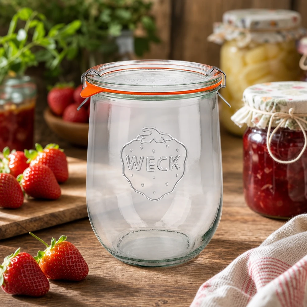 Słoik tulipan 1062ml kompletny WECK RR100 WECK tulipan słoik 1062ml RR100 pusty z truskawkami i domowymi dżemami na rustykalnym drewnianym stole w kuchni