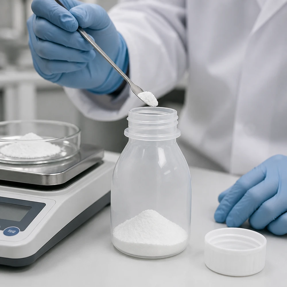 Butelka zakręcana 10 ml, butelka laboratoryjna z wąską szyjką Laborant za pomocą łopatki umieszcza biały proszek w butelce z wąską szyjką i zakrętką o pojemności 10 ml na wadze laboratoryjnej