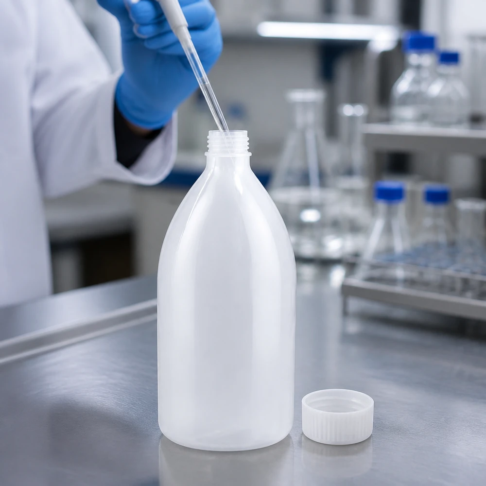 Biała, nieprzezroczysta butelka laboratoryjna o wąskiej szyjce o pojemności 1000 ml, bez zamknięcia, na blacie ze stali nierdzewnej
