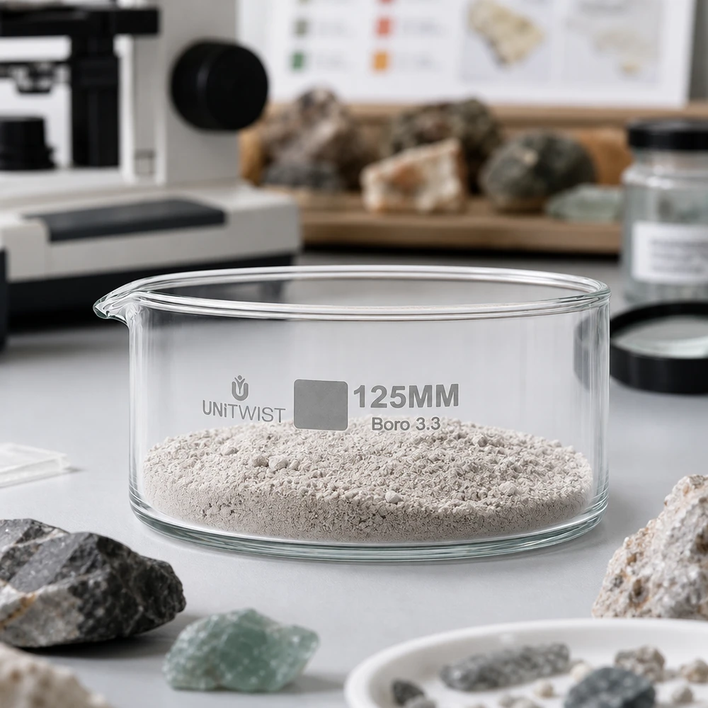 Miska do krystalizacji 125 mm UNiTWIST Boro 3.3 z mielonym proszkiem skalnym w laboratorium mineralogicznym