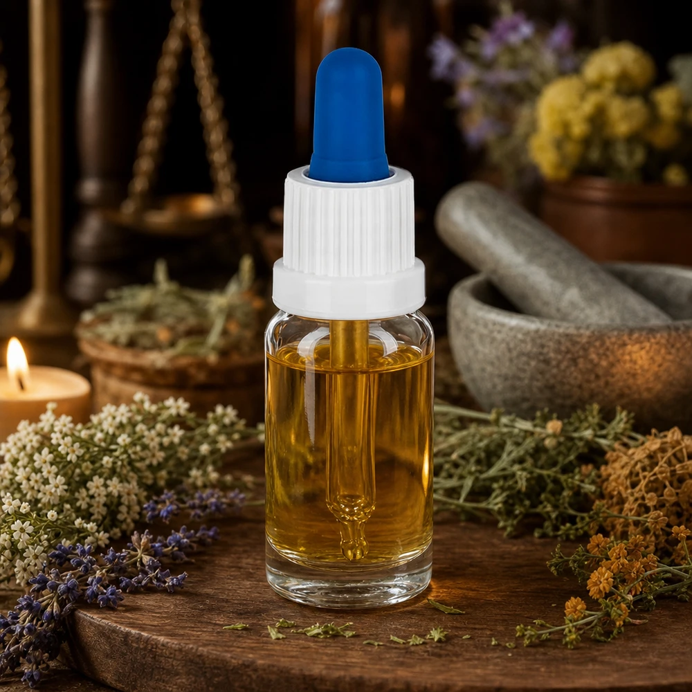 Buteleczka z pipetą do aromaterapii (10 ml) z moździerzem do ziół i wagą w stylu aptekarskim