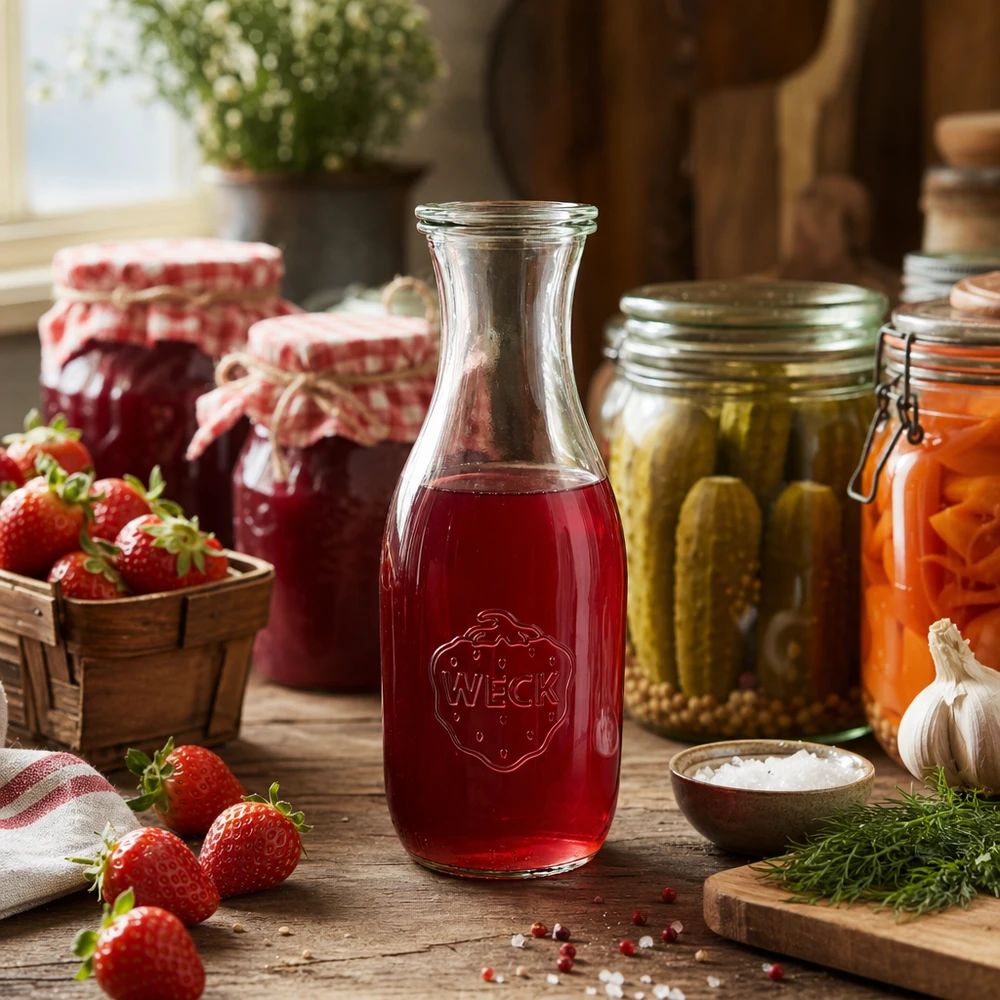 Butelka na sok WECK 1062ml wypełniona czerwonym sokiem truskawkowym w otoczeniu świeżych truskawek i słoików z przetworami w kuchni