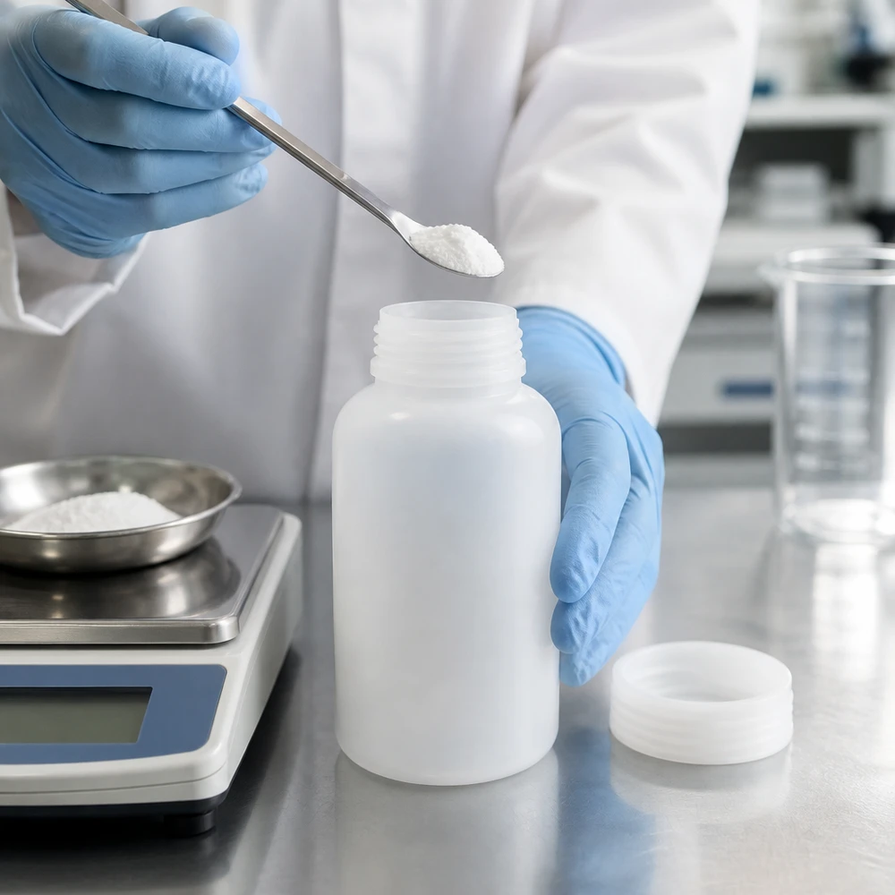 Butelka laboratoryjna 500 ml z szeroką szyjką bez zakrętki Laborant napełnia 500 ml butelkę laboratoryjną o szerokiej szyjce białym proszkiem za pomocą szpatułki