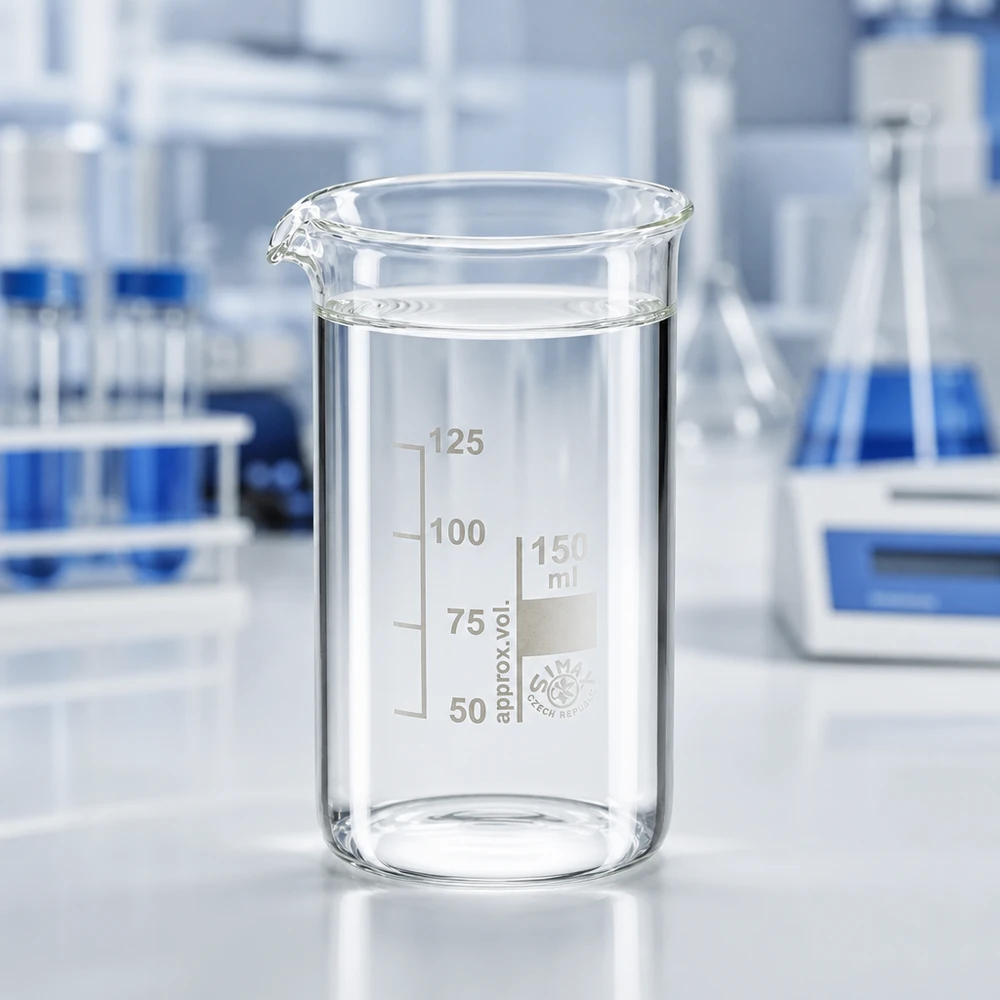Zlewka 150 ml ze szkła borokrzemowego, wysoka Przezroczysta szklanka o pojemności 150 ml, wysoka, z podziałką od 50 do 125 ml, wykonana z wysokiej jakości szkła borokrzemowego