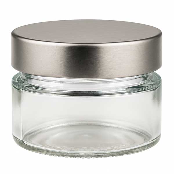 80 ml okrągły pojemnik szklany + pokrywka BasicSeal srebrna głęboka UN..