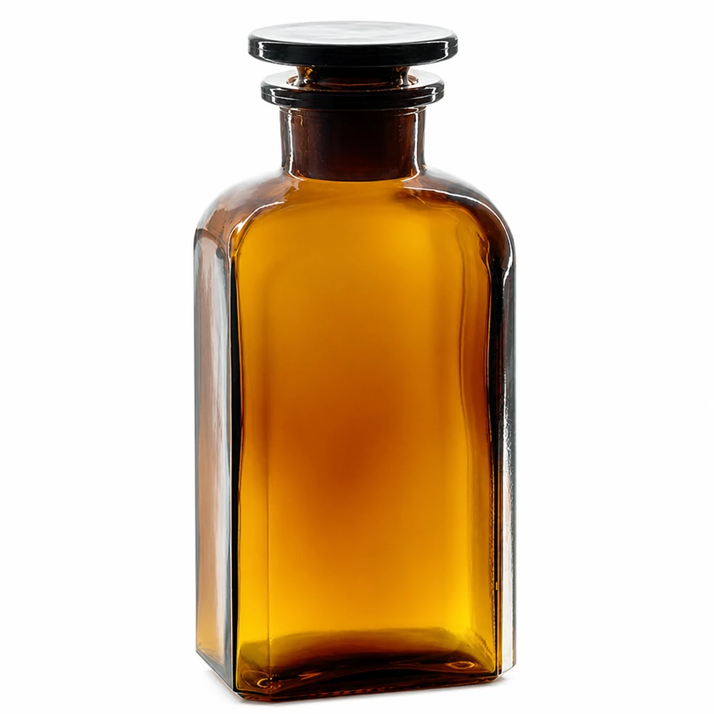 Brązowa butelka kwadratowa o pojemności 250 ml z szklanym korkiem, z szeroką szyjką, przeznaczona do laboratoriów i aptek