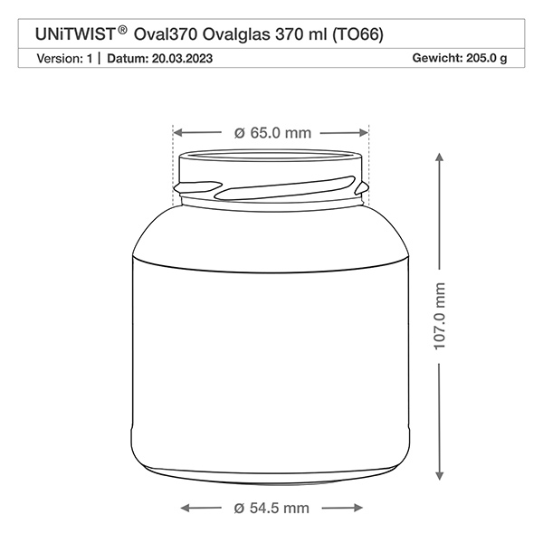 UNiTWIST Oval370 - Owalna szklanka o pojemności 370ml TO66 Rysunek techniczny UNiTWIST Oval370 Owalna szklanka 370ml TO66 o wymiarach Średnica 65mm Wysokość 107mm Waga 205g