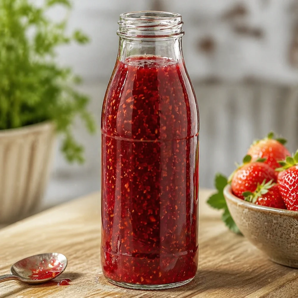 Szklana butelka 500 ml bez pokrywki (TO48) UNiTWIST. Całkowicie szczelna z dużym otworem. Do mleka, soków i lemoniady. Wymaga pokrywki TO48 500 ml szklana butelka bez pokrywki TO48 UNiTWIST wypełniona czerwonym dżemem obok świeżych truskawek na drewnianym stole