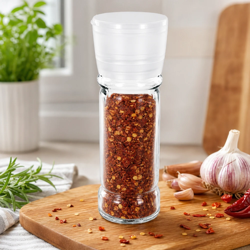 Słoik na sól/przyprawy 100 ml z młynkiem Vario, biały Słoik na przyprawy o pojemności 100 ml z białym młynkiem, wypełniony płatkami chili, na drewnianej desce do krojenia
