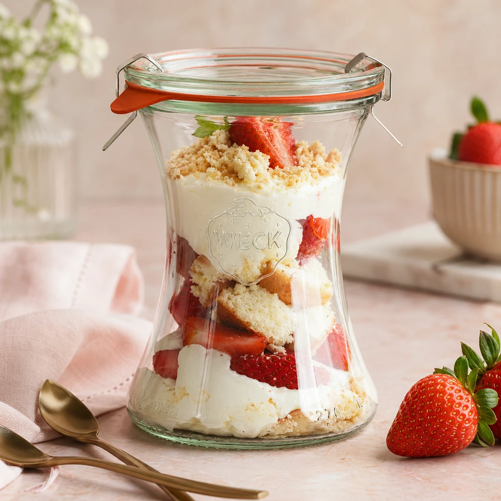 Słoik delikatesowy o pojemności 370 ml, kompletny, WECK RR80 WECK słoik delikatesowy 370ml z deserem truskawkowym deser warstwowy jogurt okruchy różowa atmosfera deser w słoiku