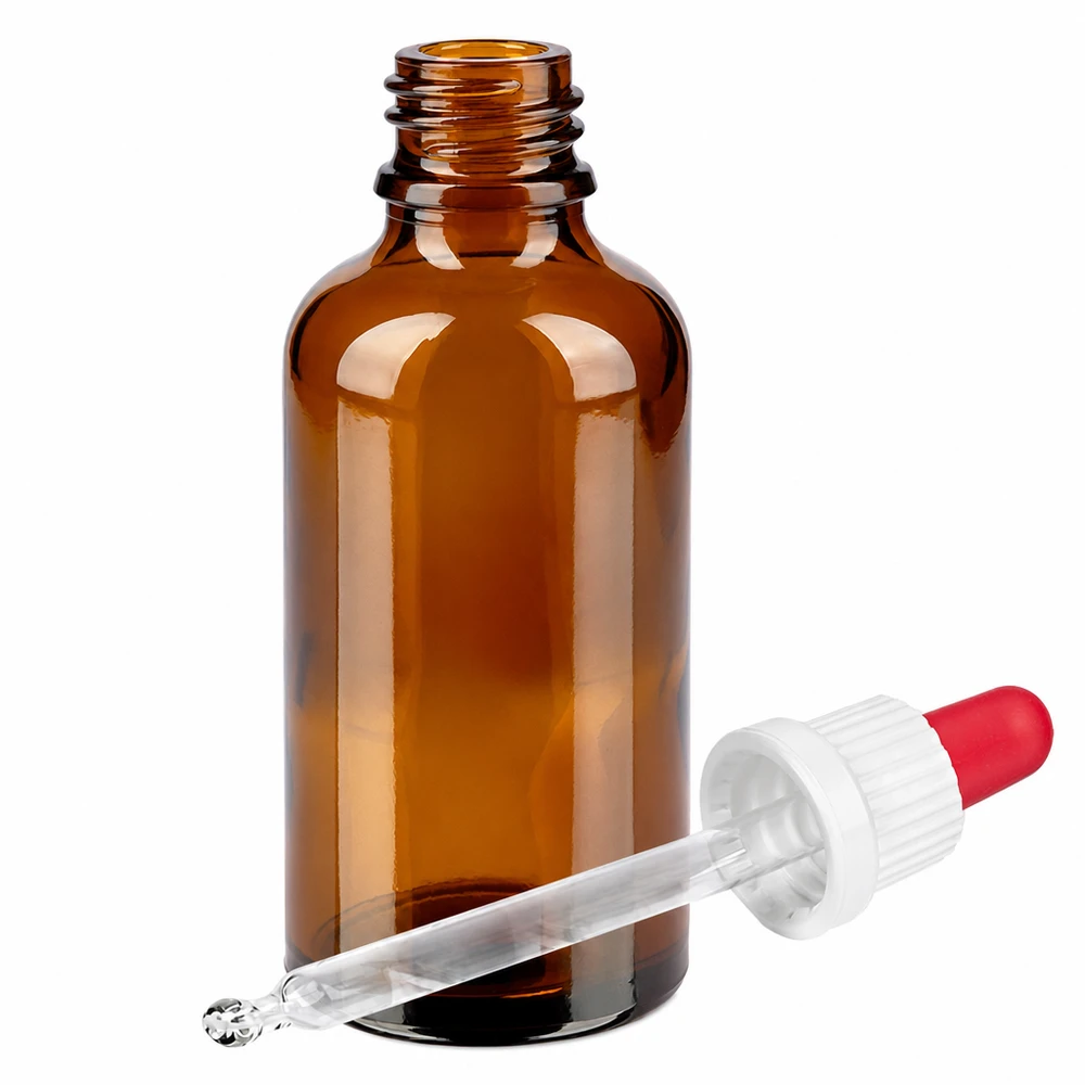 50 ml butelka z pipetą, biała/czerwona OV BrownLine UT18/50 Brązowa szklana butelka o pojemności 50 ml z pipetą z zakraplaczem - idealna do olejków eterycznych i zastosowań laboratoryjnych