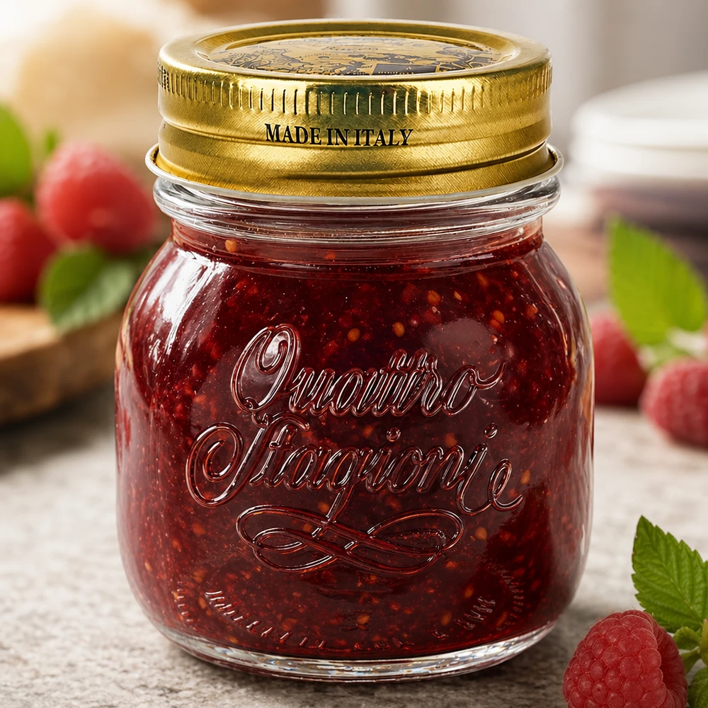Słoik okrągły 150 ml „Quattro Stagioni” z pokrywką 150 ml okrągły słoik Quattro Stagioni ze złotą pokrywką Made in Italy wypełniony czerwonym dżemem i świeżymi jagodami