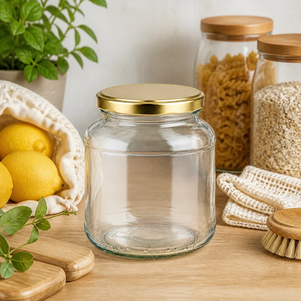 Owalny słoik o pojemności 370 ml ze złotą pokrywką BasicSeal UNiTWIST w naturalnej kuchennej oprawie z cytrynami i ziołami