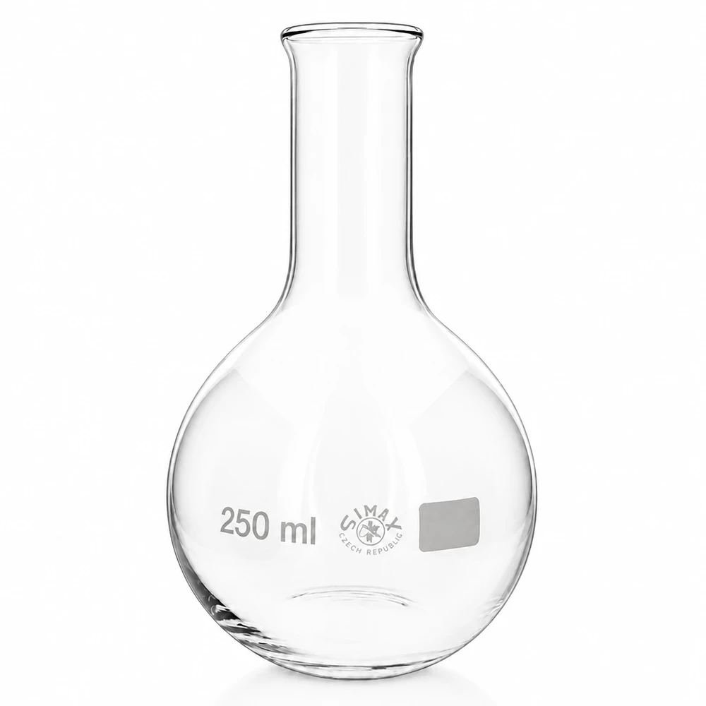 Kolba stojąca 250 ml z wąską szyjką Kolba stojąca o pojemności 250 ml z wąską szyjką wykonana z przezroczystego szkła borokrzemowego do precyzyjnych pomiarów