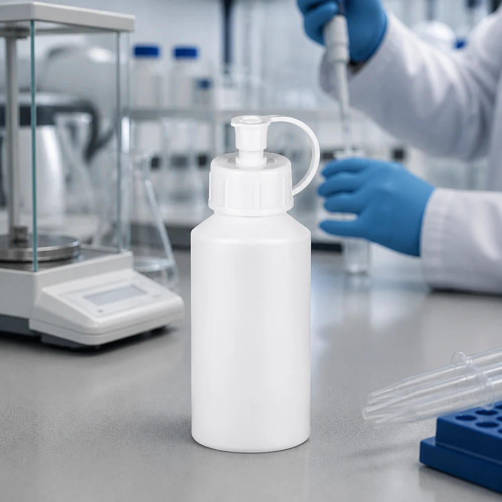 Biała butelka apteczna z HDPE o pojemności 50 ml z nakrętką z dozownikiem, stojąca na stole laboratoryjnym obok wagi analitycznej