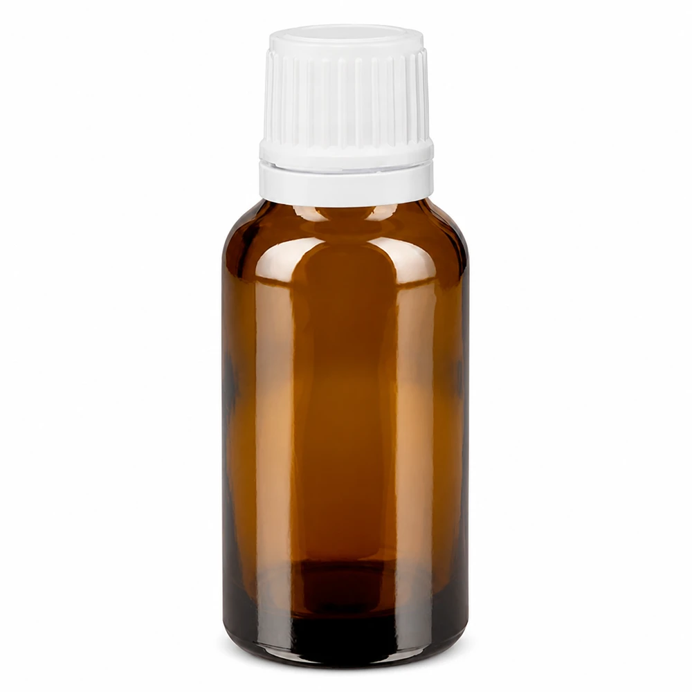 20 ml brązowa buteleczka apteczna z brązowego szkła z białym zamknięciem zabezpieczającym przed dziećmi i kroplomierzem