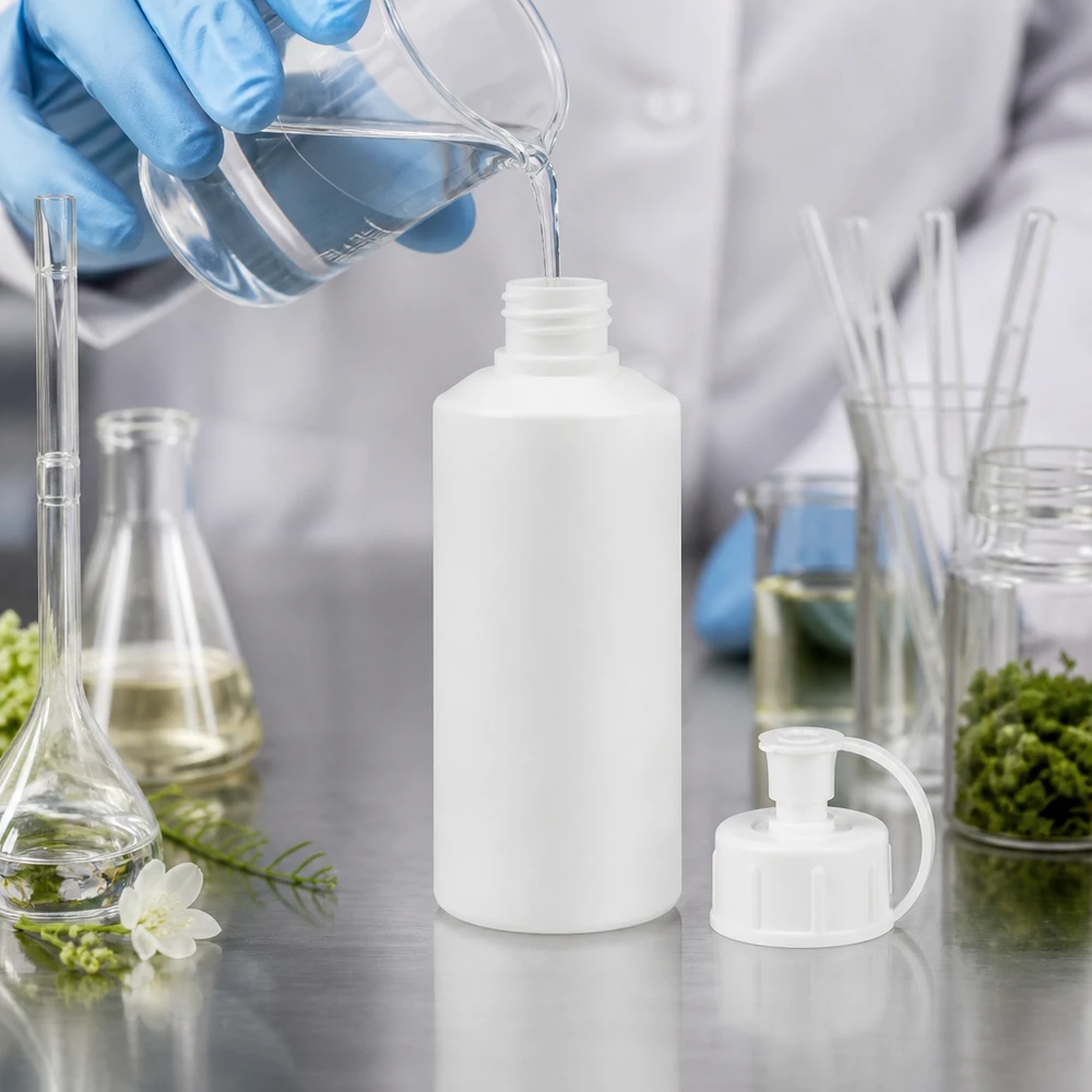 Butelka apteczna HDPE 30 ml, nasadka strzykawki m.w. Biała butelka z tworzywa sztucznego o pojemności 30 ml jest napełniana w laboratorium przezroczystym płynem; obok znajduje się zakrętka z rozpylaczem