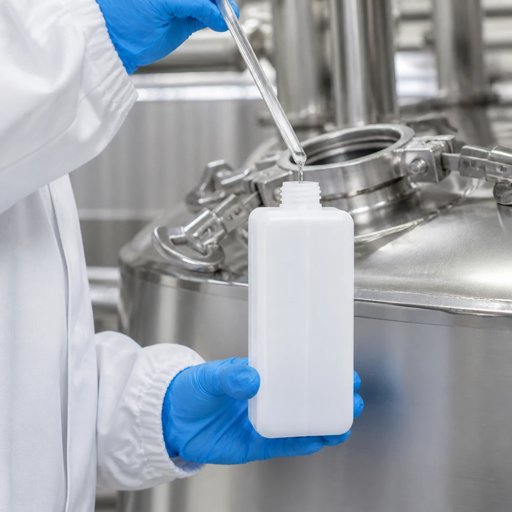 Laborant w stroju ochronnym napełnia butelkę na chemikalia o pojemności 1000 ml, wykonaną z polietylenu o wysokiej gęstości (PE-HD), cieczą ze zbiornika przemysłowego