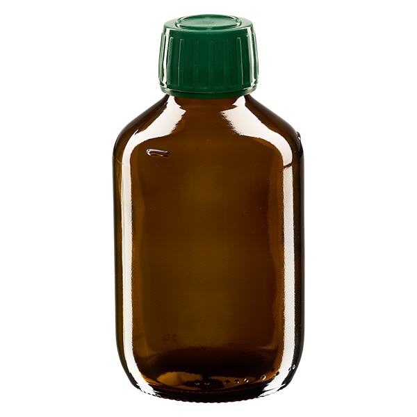 Butelka na lek 200 ml brązowa, zakrętka zielona z pierścieniem zabezpieczającym ApoGlas. Farmaceutyczna jakość produkcji UE. Gwint 28 mm (PP28). (syrop, butelka z lekkiego szkła) Butelka na lek 200 ml brązowa, zakrętka zielona z pierścieniem zabezpieczającym ApoGlas. Farmaceutyczna jakość produkcji UE. Gwint 28 mm (PP28). (syrop, butelka z lekkiego szkła)