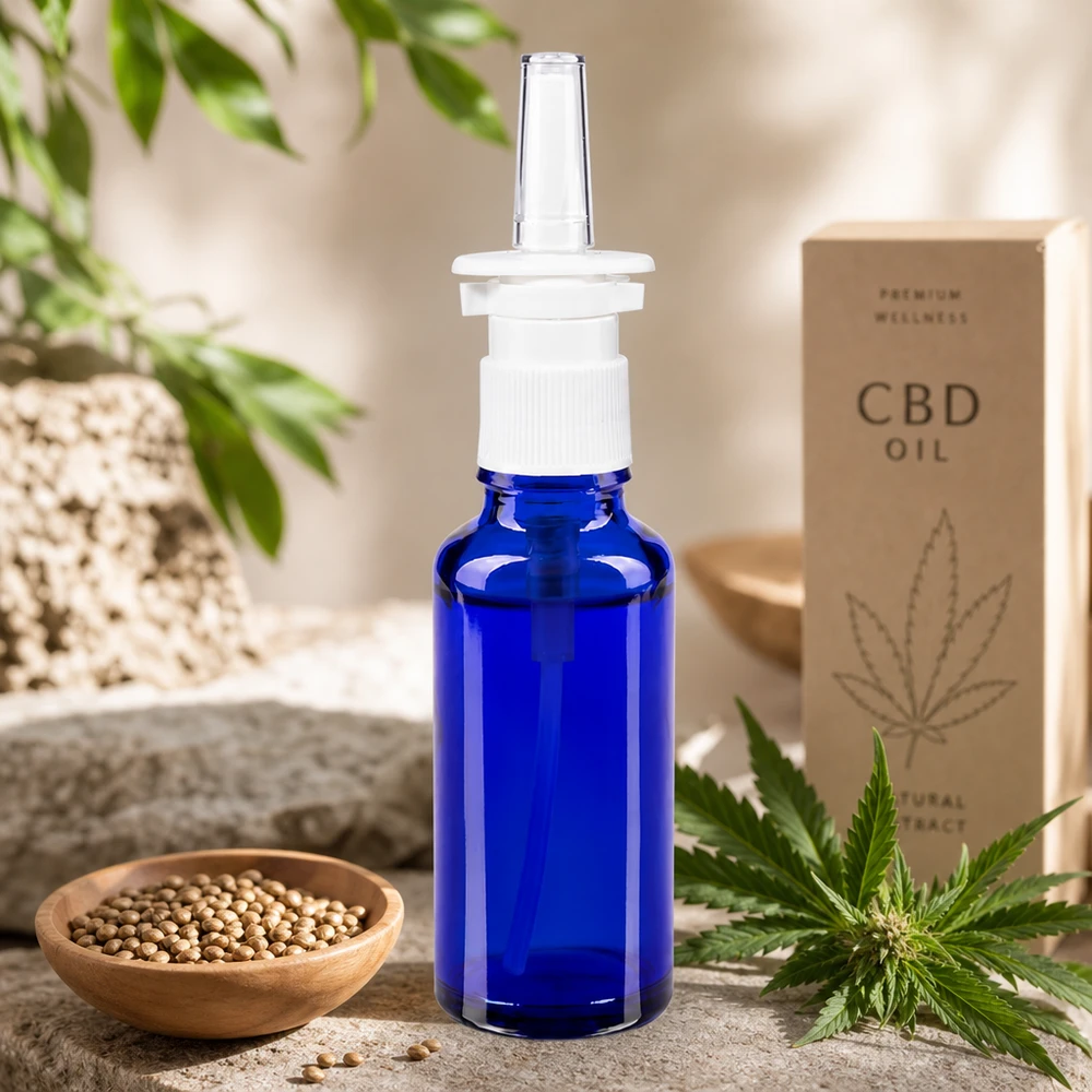 Butelka na spray do nosa ApoGlas o pojemności 30 ml w kolorze kobaltowym, z olejem CBD i naturalnym wzorem