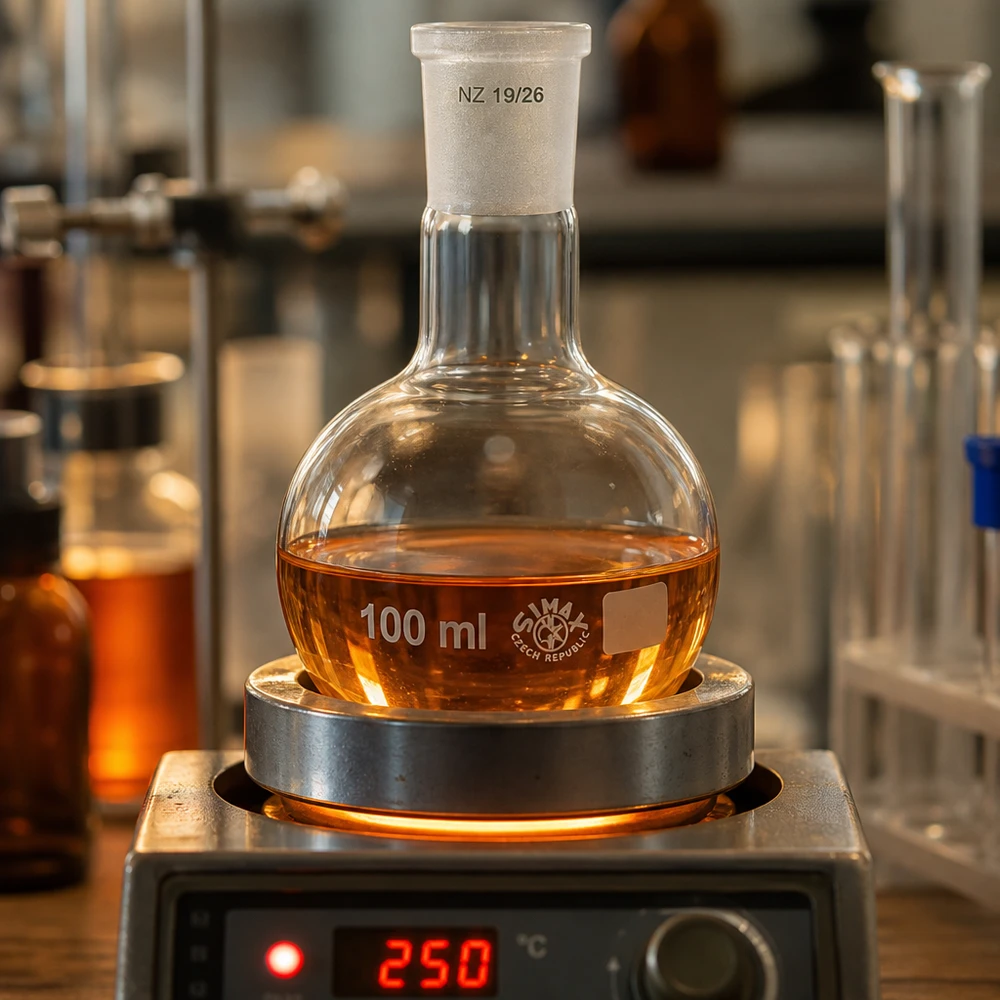 Kolba 100 ml ze standardowym szlifowanym złączem (19/26) Kolba stojąca 100 ml na płycie grzejnej w temperaturze 250°C - żaroodporne szkło laboratoryjne ze standardowym szlifem 19/26