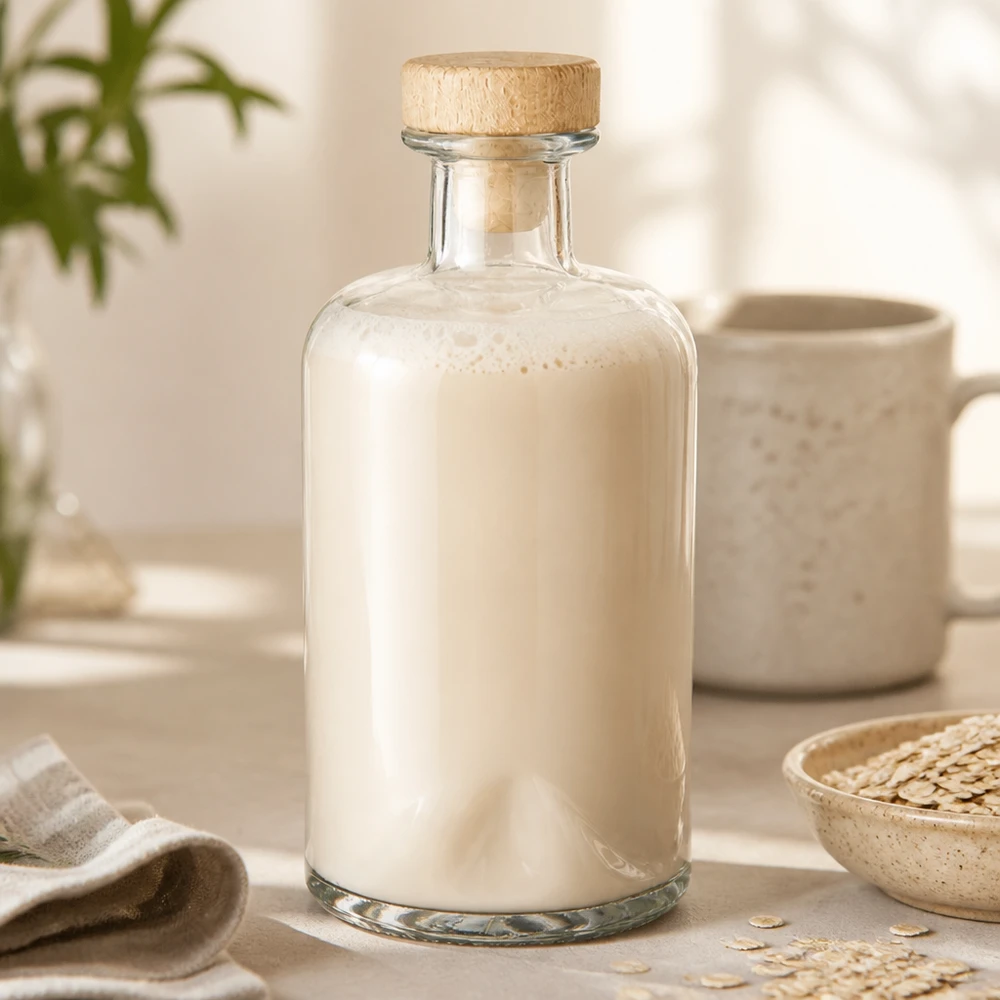 500ml Glasflasche Sofia mit Milch befüllt in natürlicher Küchenszene mit Haferflocken und cremefarbener Keramik