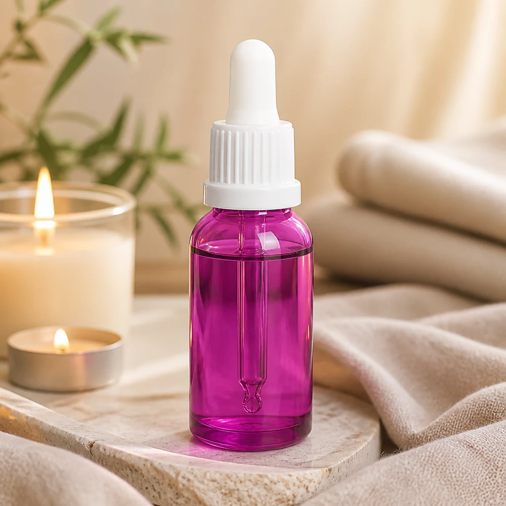 Wysokiej jakości 20 ml butelka z pipetą wykonana z wysokiej jakości szkła w kolorze fioletowym do serum i olejków.