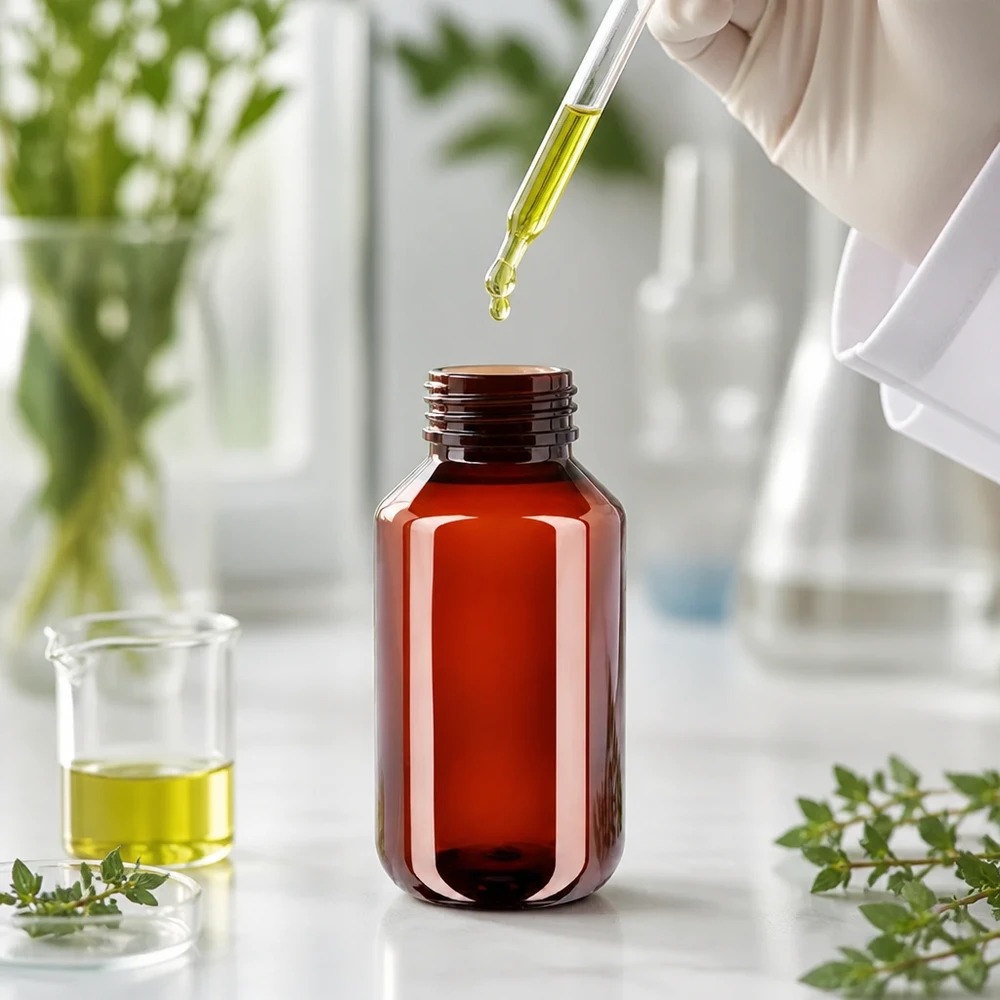 Butelka PET 100ml z zieloną nakrętką OV Brązowa butelka PET o pojemności 100 ml z oryginalnym zamknięciem w środowisku laboratoryjnym wraz z pipetą