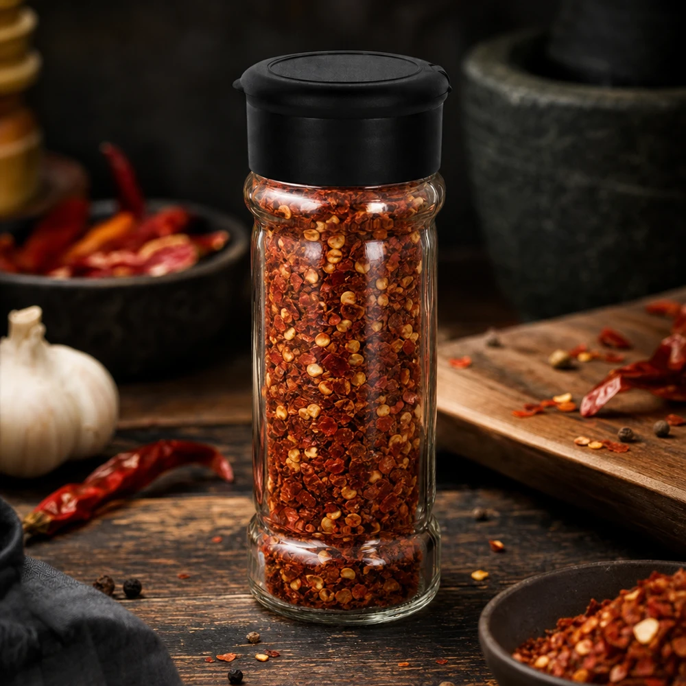 Słoik na sól/przyprawy 100 ml z dozownikiem, czarny Słoik na przyprawy o pojemności 100 ml, wypełniony płatkami chili, z czarną pokrywką z dozownikiem na drewnianej podstawie