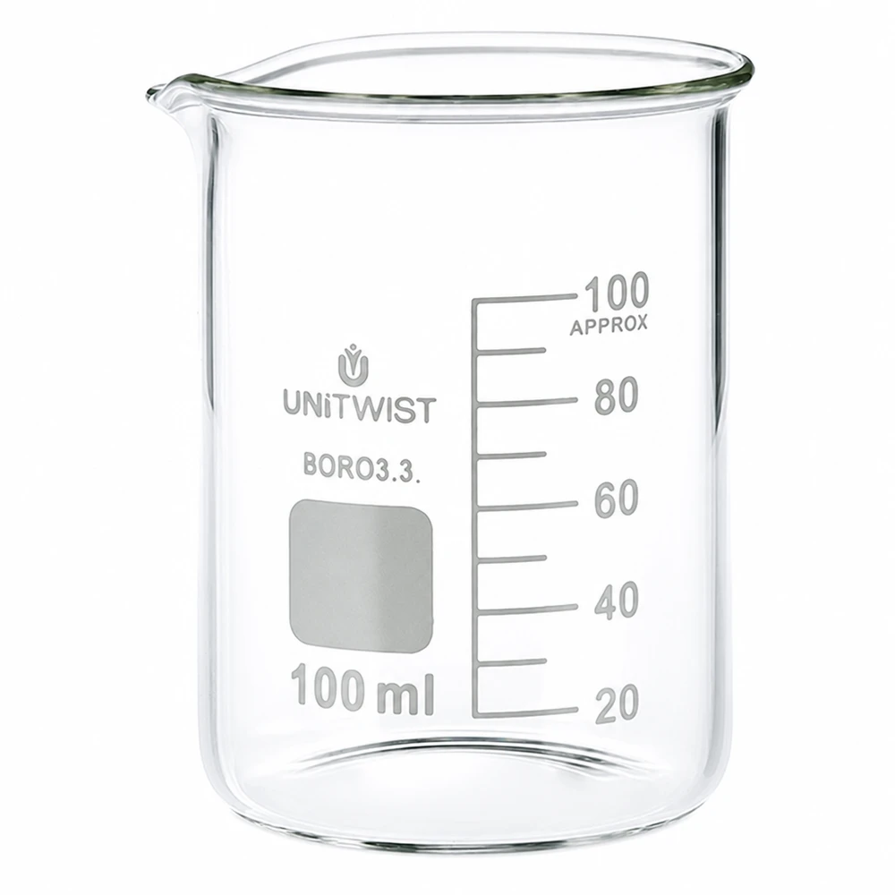 Zlewka 100 ml borokrzemianowa, niski kształt UNiTWIST Szklanka o pojemności 100 ml, wykonana ze szkła borokrzemowego, o niskim kształcie, marki UNiTWIST, z podziałką mililitrową