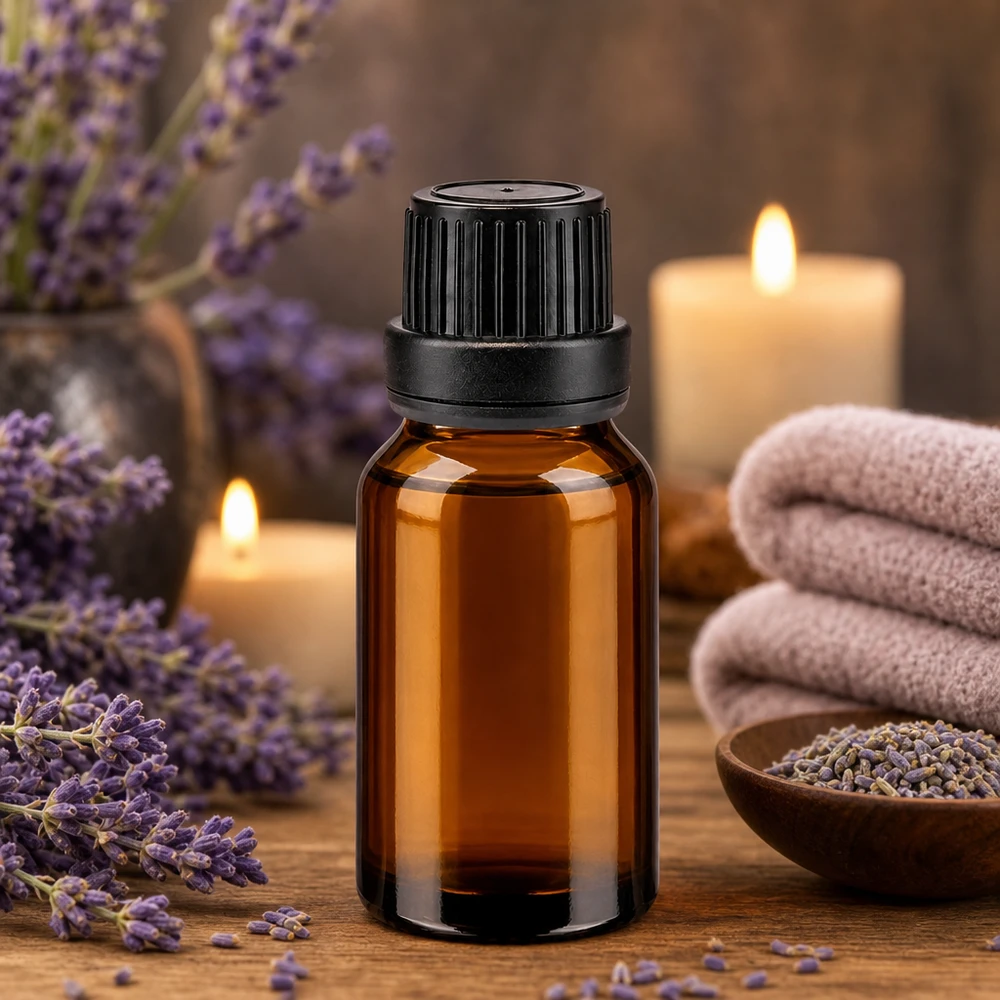 Brązowa buteleczka apteczna o pojemności 15 ml z lawendą i świecami, ułożona w relaksującej atmosferze spa