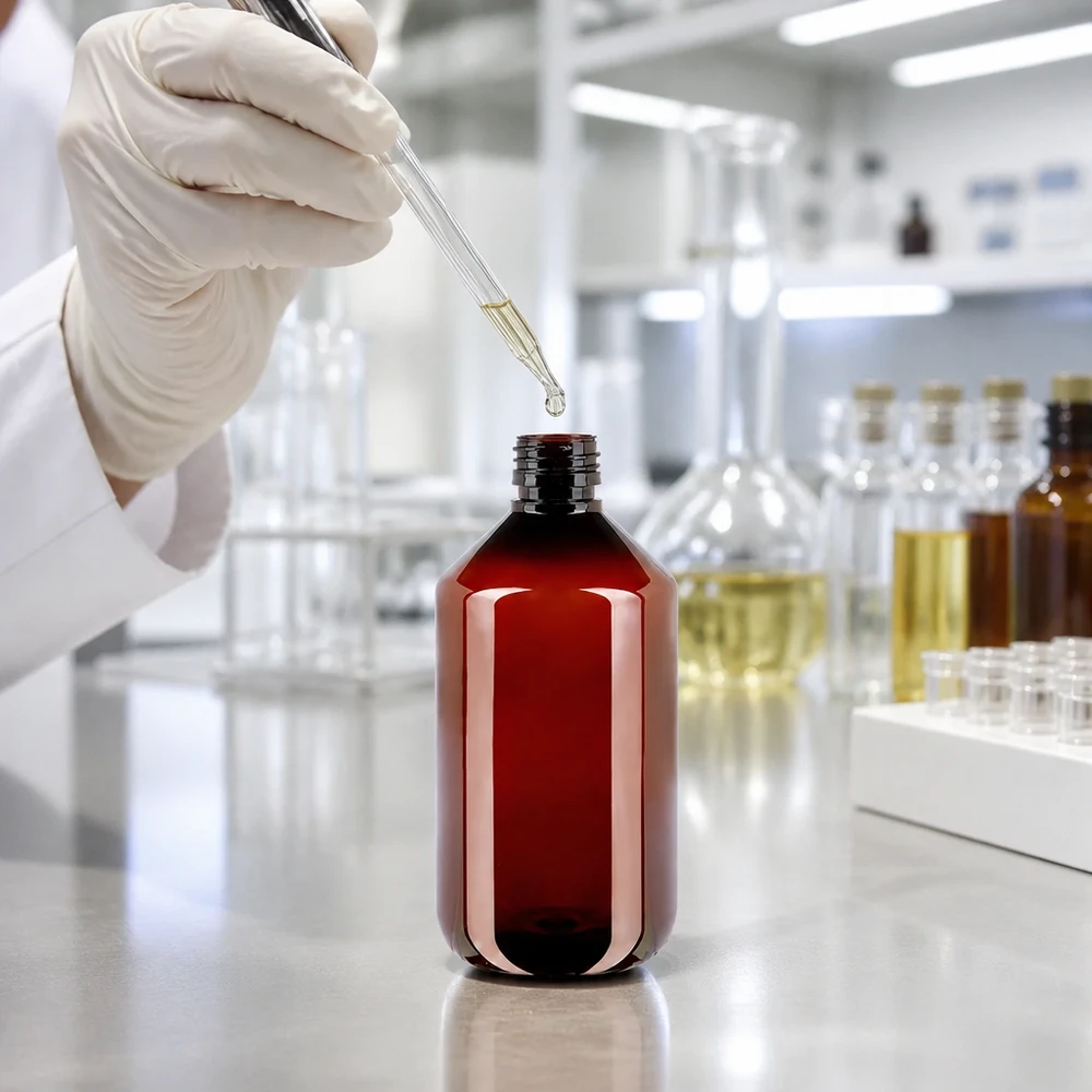 Laborant napełnia brązową butelkę PET o pojemności 500 ml za pomocą pipety w profesjonalnym środowisku laboratoryjnym