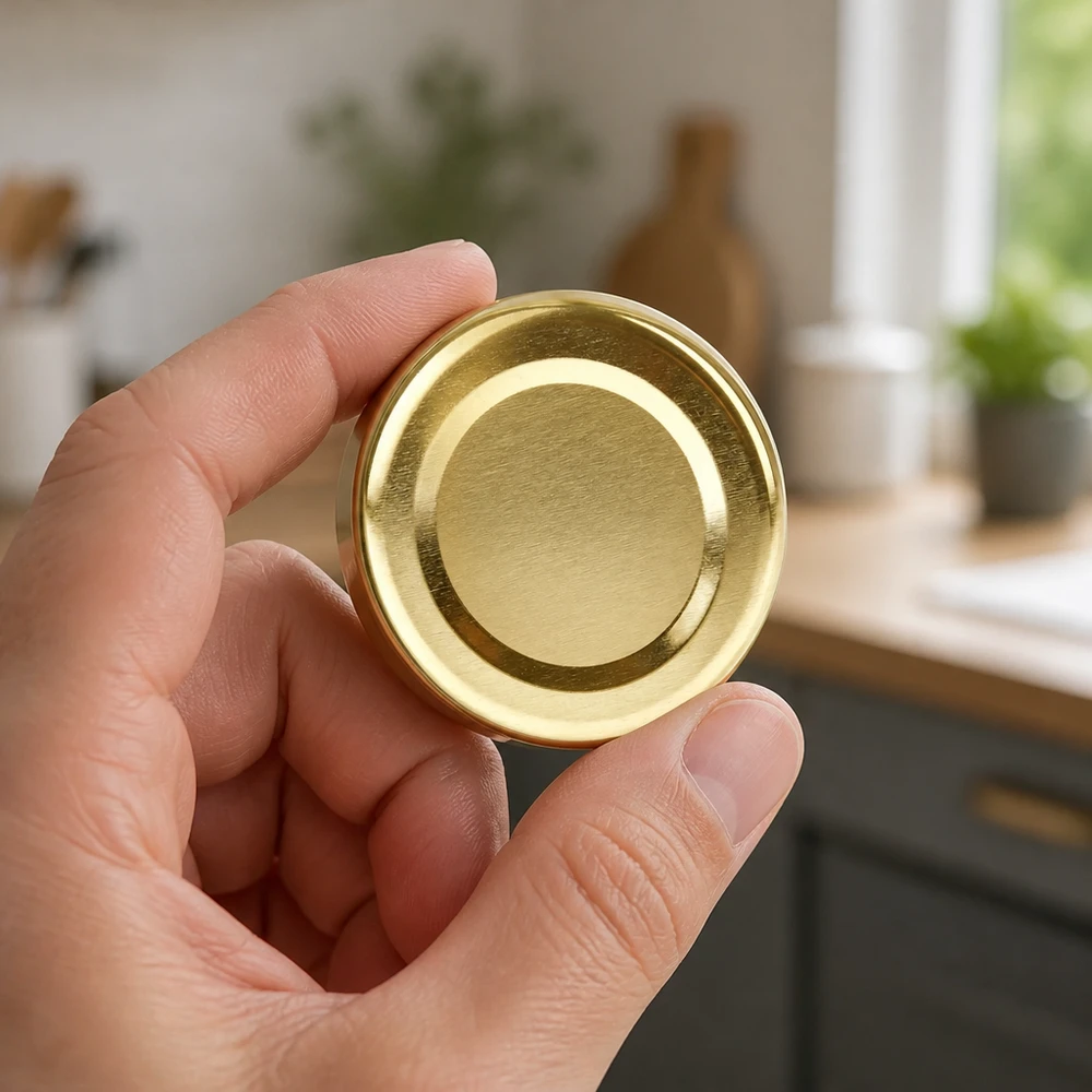 Ręka trzyma złotą metalową pokrywkę TO48 BasicSeal UniTwist o średnicy 48 mm do słoików