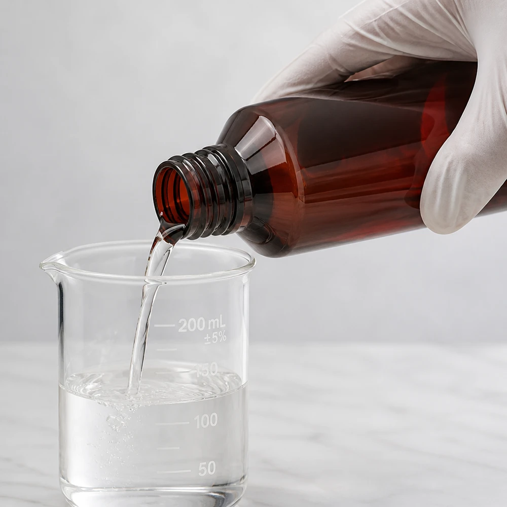 Dosierung von Flüssigkeit aus 200ml bernsteinfarbener PET Flasche in graduiertes Becherglas