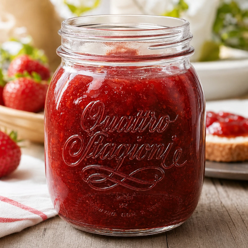 700 ml słoik Quattro Stagioni wypełniony czerwoną konfiturą obok świeżych truskawek na drewnianym stole