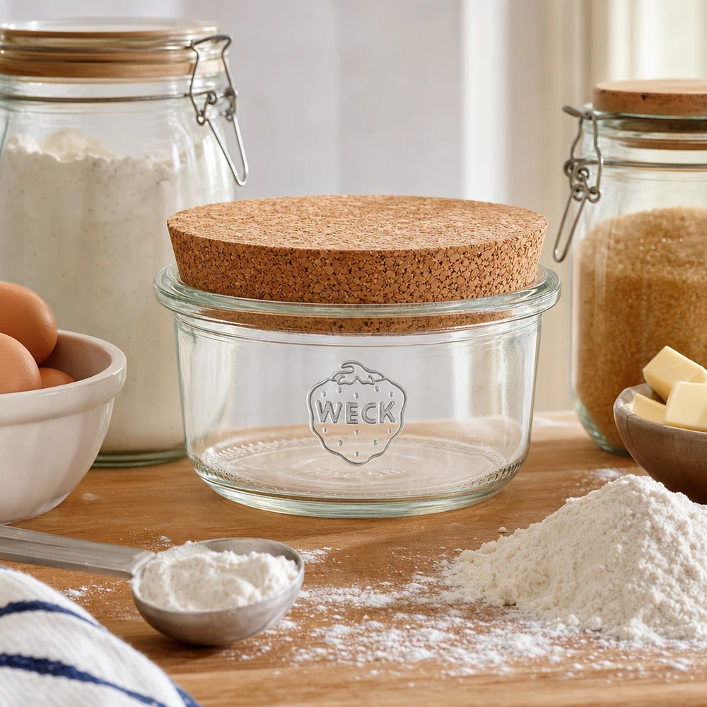 Szklanki 165ml WECK RR80 z korkiem naturalne WECK słoik do przechowywania 165ml RR80 korkowa pokrywka kuchnia składniki do pieczenia mąka jajka masło naturalne przechowywanie kuchnia scena