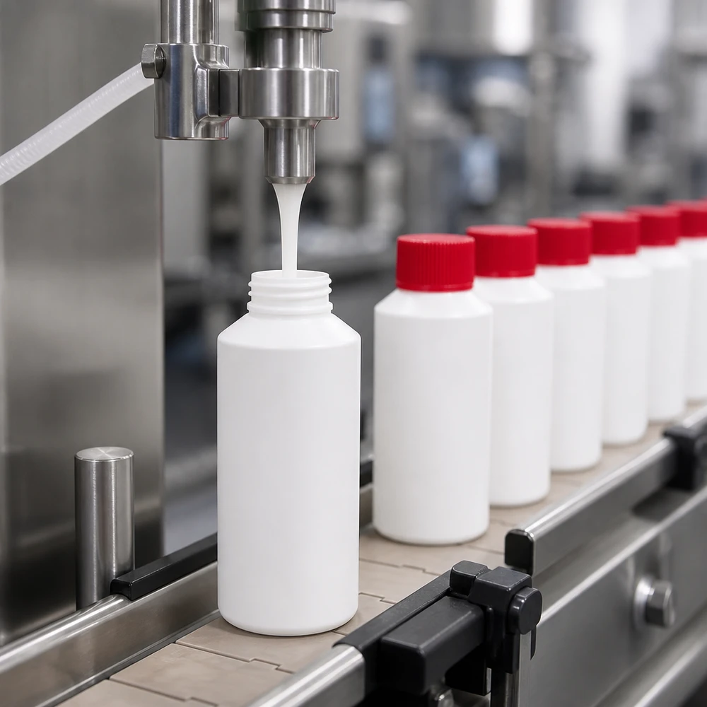 Butelka apteczna HDPE 50ml biała, z czerwonym SV Automatyczna linia rozlewnicza napełnia białe butelki apteczne z HDPE o pojemności 50 ml na przemysłowym przenośniku taśmowym