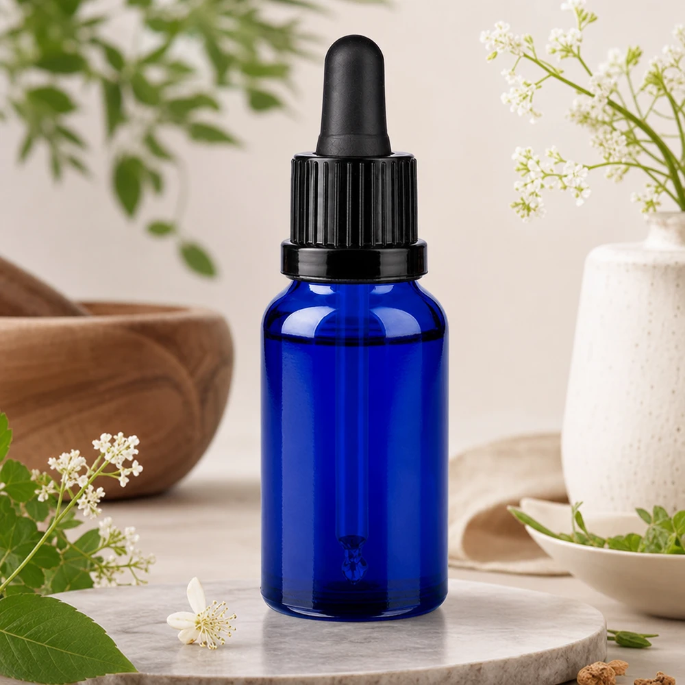 Butelka do leków płynnych 20 ml, czarna OV BlueLine UT18/20 Mała butelka z pipetą o pojemności 20 ml w eleganckim niebieskim kolorze z praktycznym zakraplaczem do użytku mobilnego