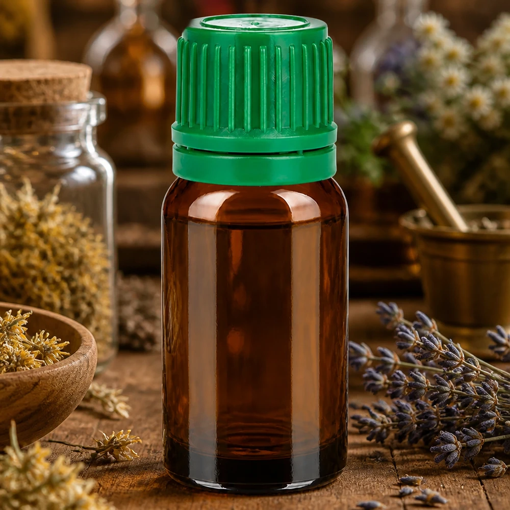Butelka 10 ml 11 mm SV zielona OV BrownLine UT18/10 Butelka z bursztynowego szkła o pojemności 10 ml z niekapiącą zieloną zakrętką, idealna do ekstraktów ziołowych i nalewek.
