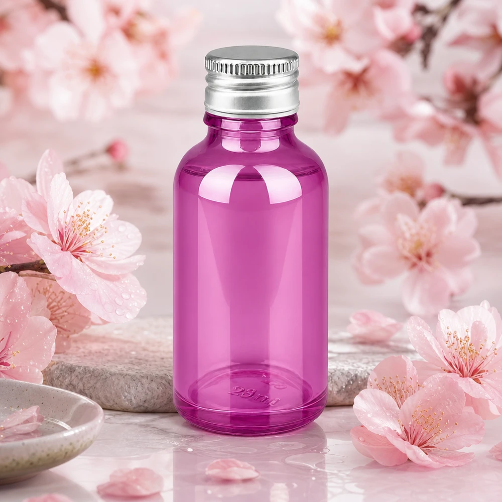 Elegancka fioletowa szklana butelka 30 ml z matową srebrną nakrętką do aromaterapii i odnowy biologicznej