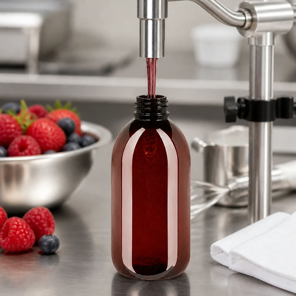 Butelka PET 250ml z pompką dozującą biała Robuste 250ml PET Flasche mit enger Öffnung beim Befüllvorgang mit rotem Fruchtkonzentrat