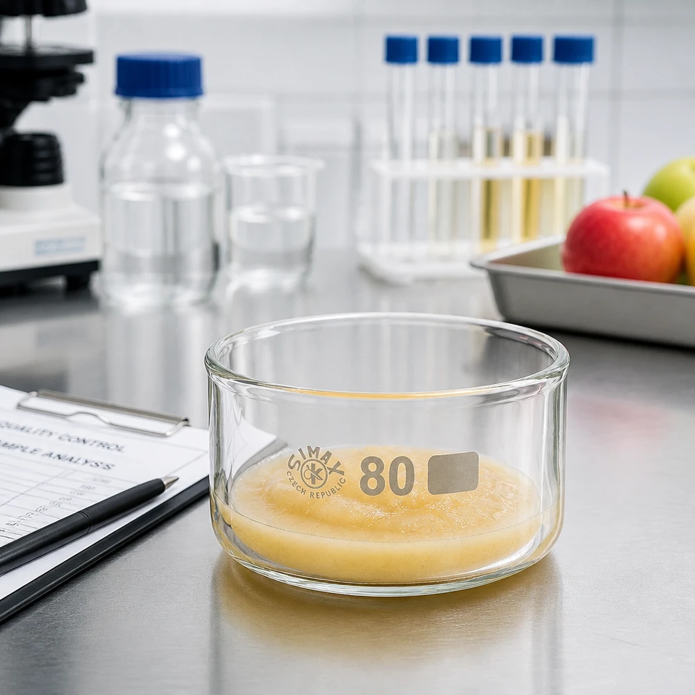 Naczynie do krystalizacji 150 ml bez dziobka borokrzemianowe Miska krystalizacyjna o średnicy 80 mm z żółtawą próbką w laboratorium spożywczym, obok jabłek i probówek