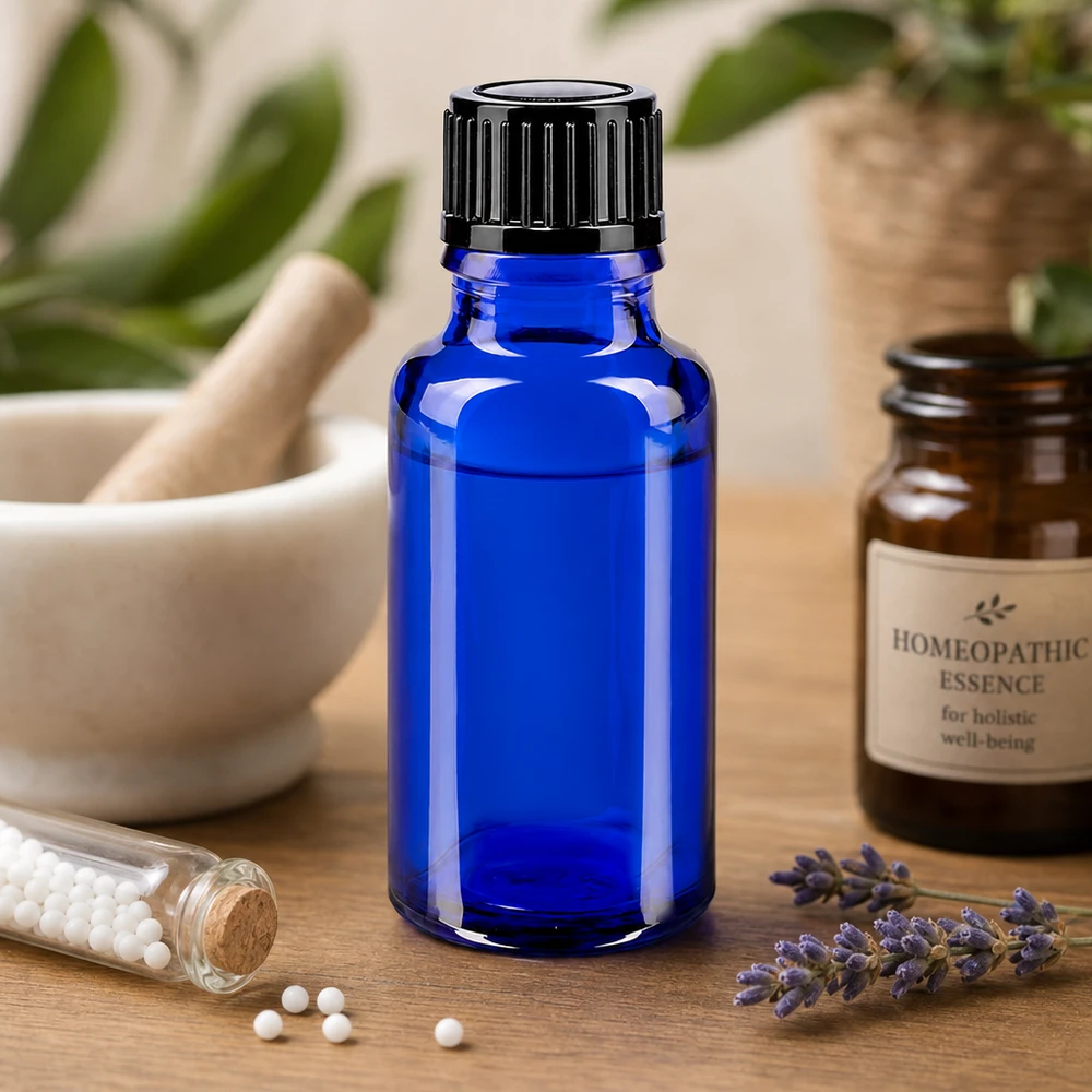Butelka na krople homeopatyczne o pojemności 20 ml, z niebieskiego szkła, z czarnym zamknięciem zabezpieczającym przed dziećmi typu STD